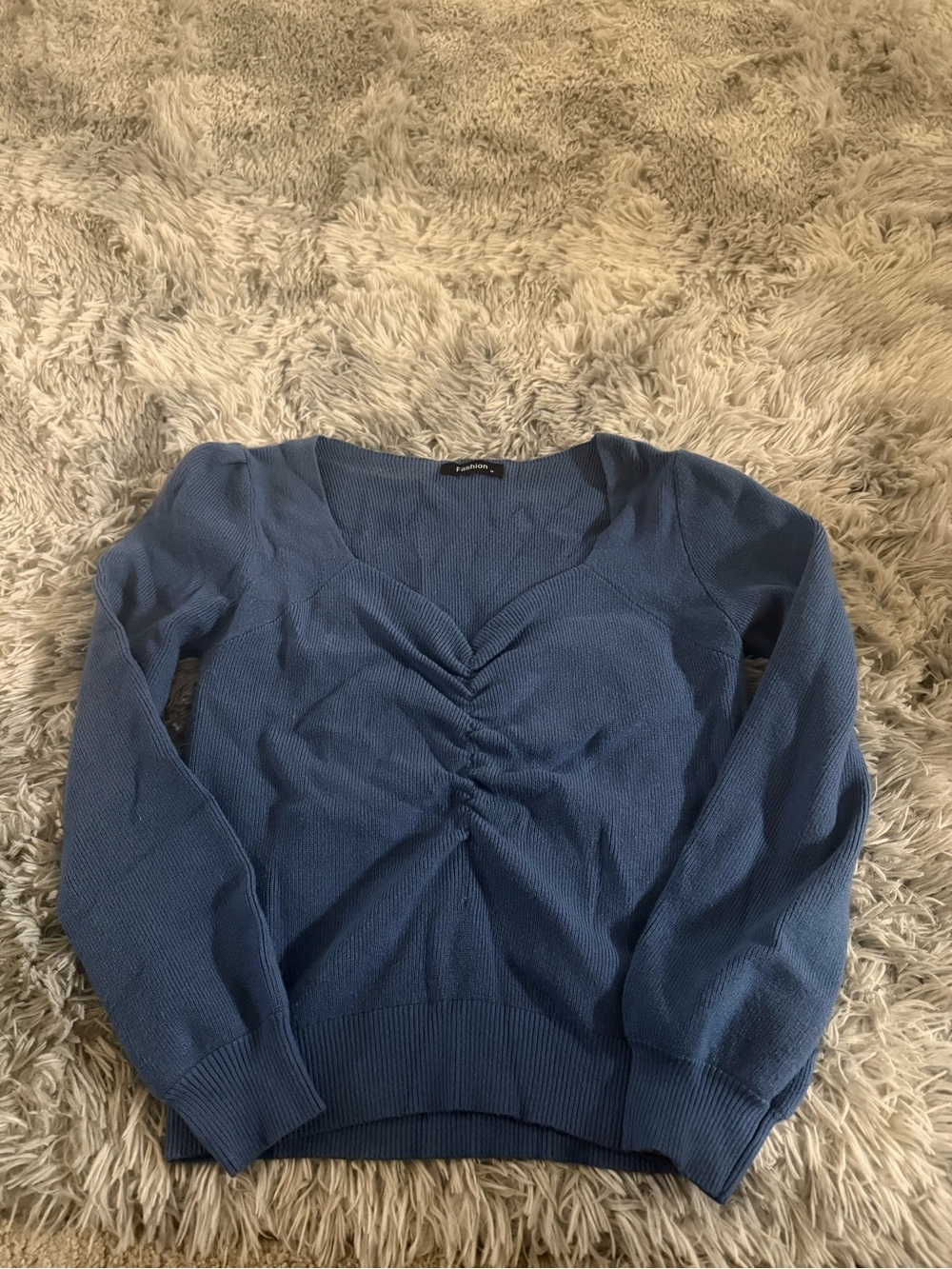 Blue Ruched Front V-Neck Women's Sweater